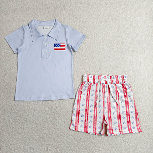 Baby Boy Blue Button Flag Shirt Pockets Stars Shorts 4th Of July Set RTS