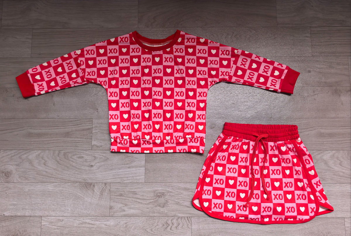 ( No moq ) Preorder Baby Girls Kids Long Sleeves Hearts Checked Shirt Skirt Shorts Valentine Set