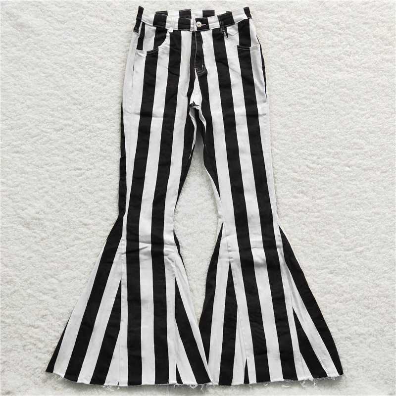 P0121 Adult Women Black Striped Denim Jeans Bell Pants