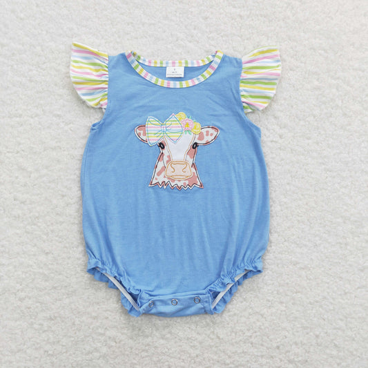 SR0825 Baby Girl Embroidery Cow Blue One Piece Romper