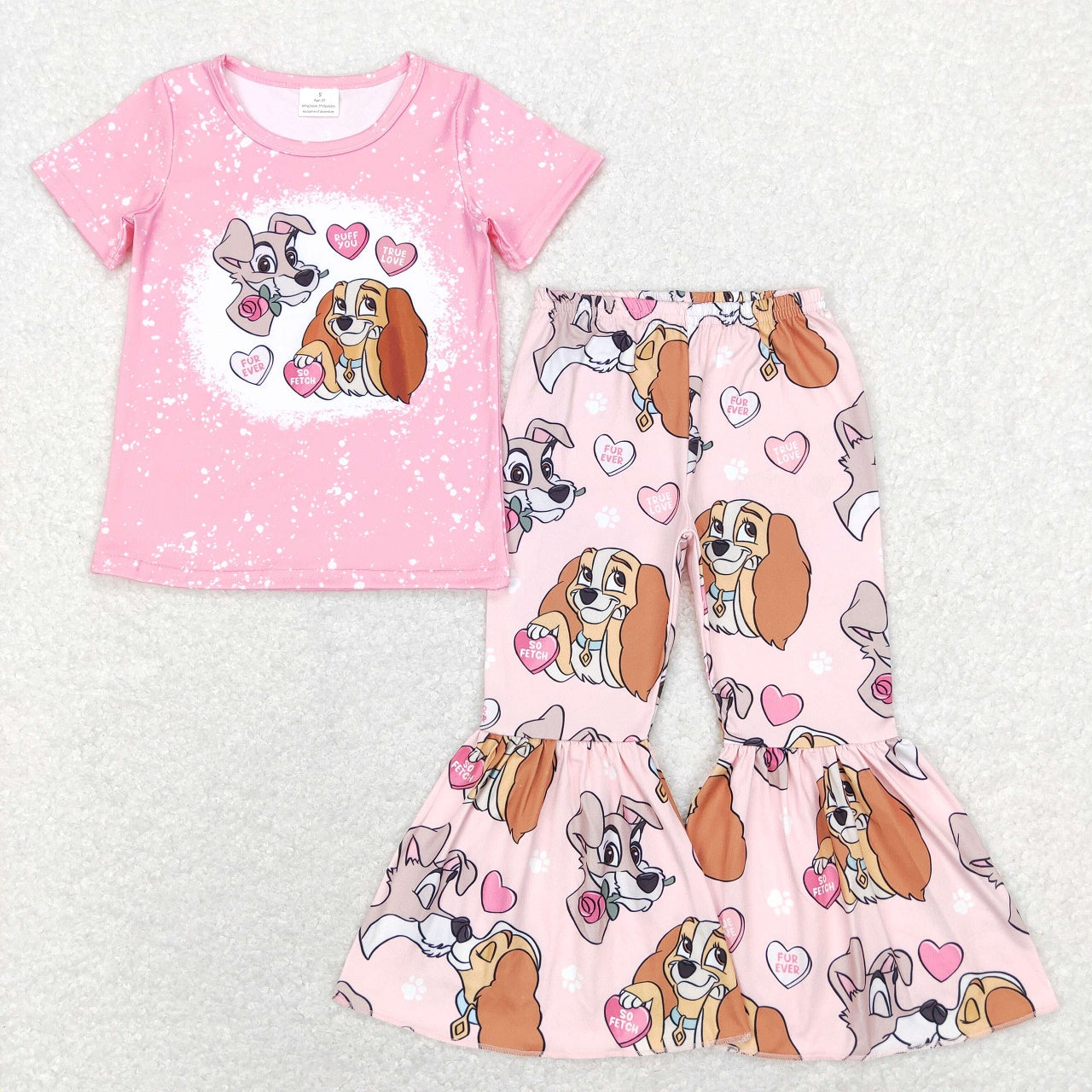 GLP1133 Baby Kids Long Sleeves Pink Hoodie Shirt Valentine's Hearts Dogs Pants Set