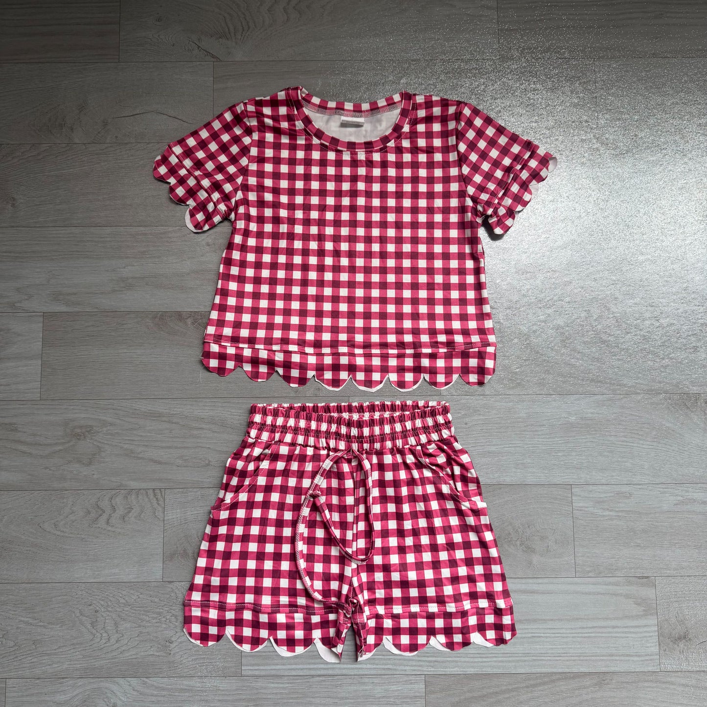 ( No moq ) Preorder Baby Girls Kids Short Sleeves Red Plaid Shirt Scallop Shorts Set Clothes
