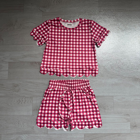 ( No moq ) Preorder Baby Girls Kids Short Sleeves Red Plaid Shirt Scallop Shorts Set Clothes