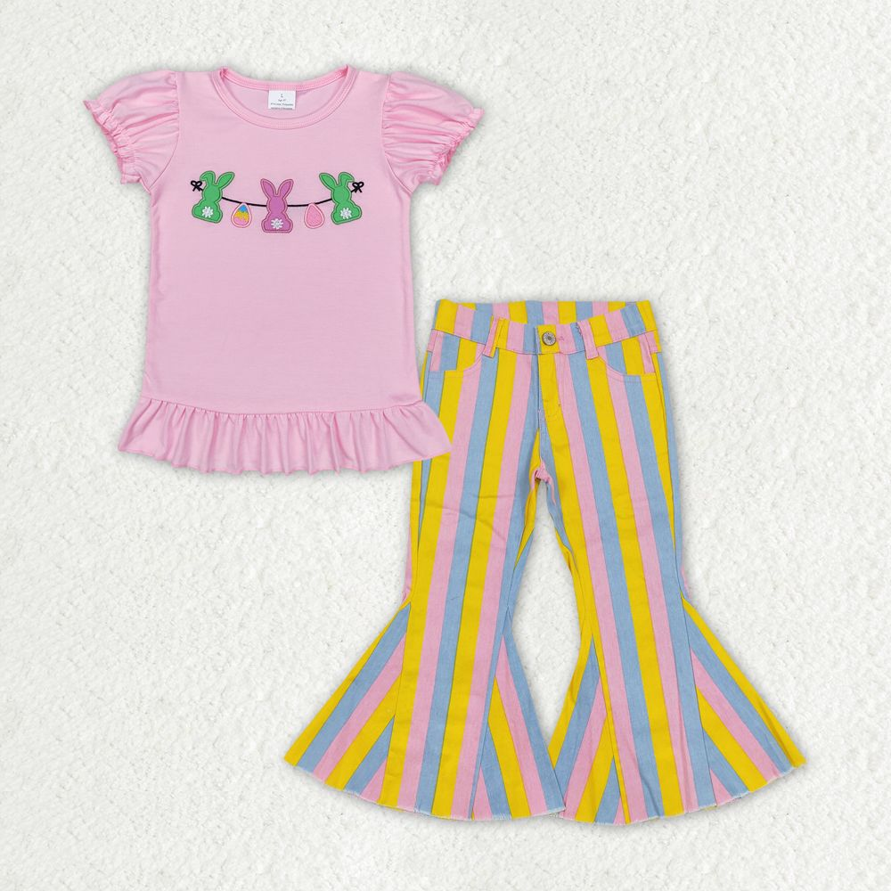 GSPO1405 Easter Baby Girl Pink Short Sleeves Embroidery Rabbit Shirt Stripes Denim Bell Pants Set