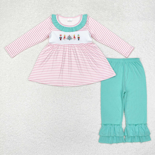 Baby Girl Pink Stripes Embroidery Soldier Tunic Green Pants Christmas Set