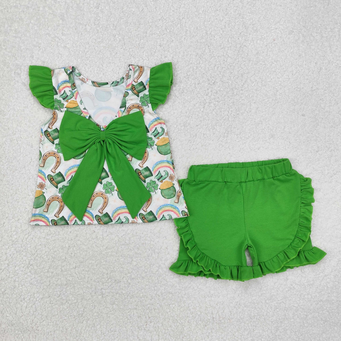 Baby Girl Short Sleeves St Patrick Day Rainbow Green Bow Tunic Shorts Clothes Set