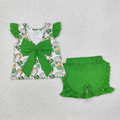 Baby Boy Green Short Sleeves St Patrick Day Pocket Shirt Rainbow Shorts Clothes Set