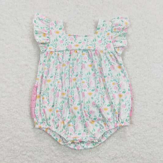 SR0805 Baby Girl Short Sleeves Floral Ruffle Romper