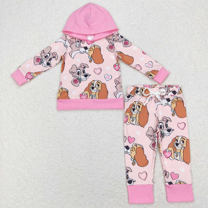 GLP1133 Baby Kids Long Sleeves Pink Hoodie Shirt Valentine's Hearts Dogs Pants Set