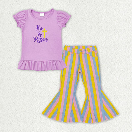 GSPO1406 Easter Baby Girl Purple Short Sleeves Embroidery Shirt Stripes Denim Bell Pants Set