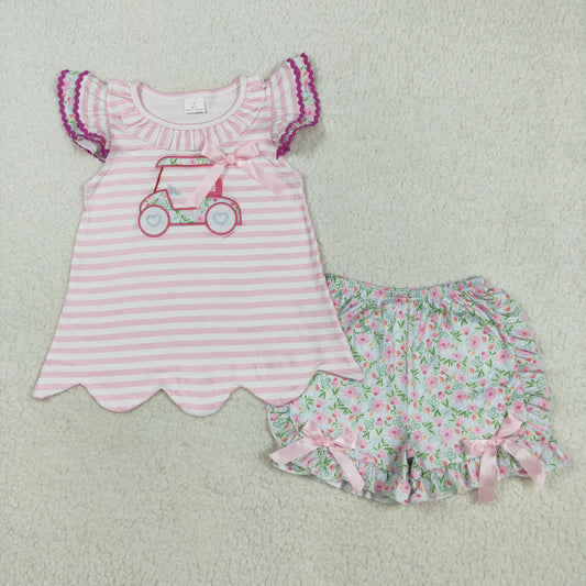 Baby Girl Short Sleeves Embroidery Golf Truck Shirt Flower Ruffle Short Set RTS