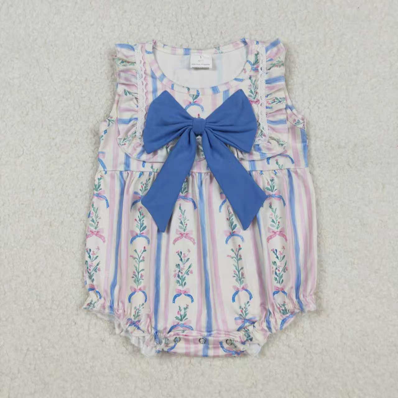 Sibling Baby Girl Sleeveless Floral Stripes Bow Blue Summer Romper Set RTS