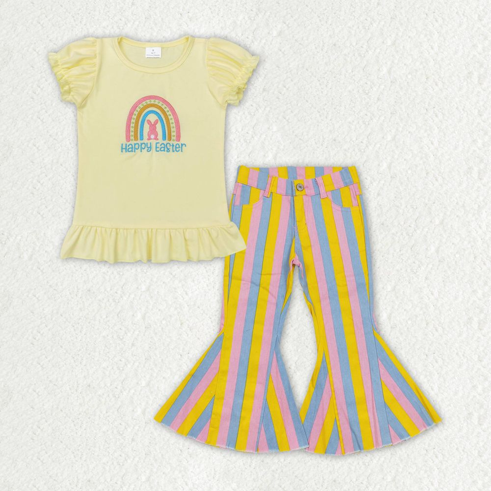 GSPO1406 Easter Baby Girl Yellow Short Sleeves Embroidery Rabbit Rainbow Shirt Stripes Denim Bell Pants Set