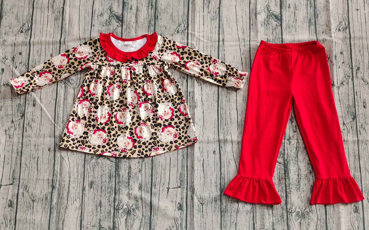 Baby Girl Long Sleeves Leopard Santa Tunic Red Pants Christmas Set RTS