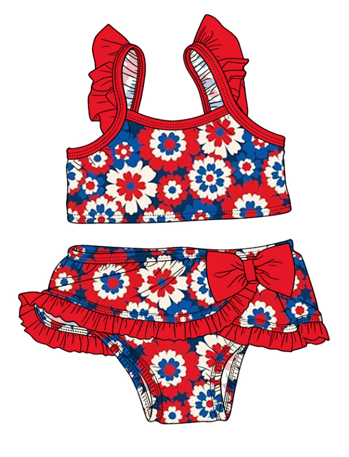 ( Moq 5 Each Style ) Sibling Baby Girls Kids Flower Tops Ruffle Shorts 4th of July Sets Summer Swimsuits