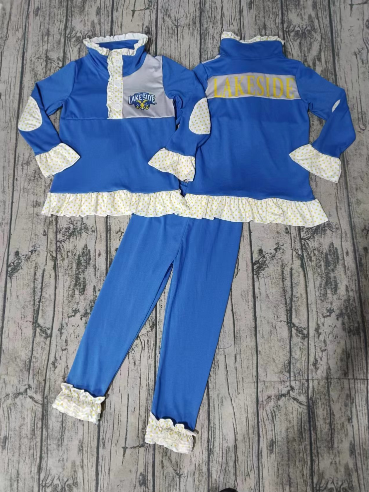 Baby Girl Blue Long Sleeves Team Tops Pants Fall Clothes Set Moq 5