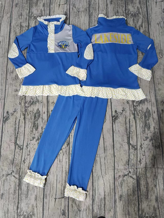 Baby Girl Blue Long Sleeves Team Tops Pants Fall Clothes Set Moq 5