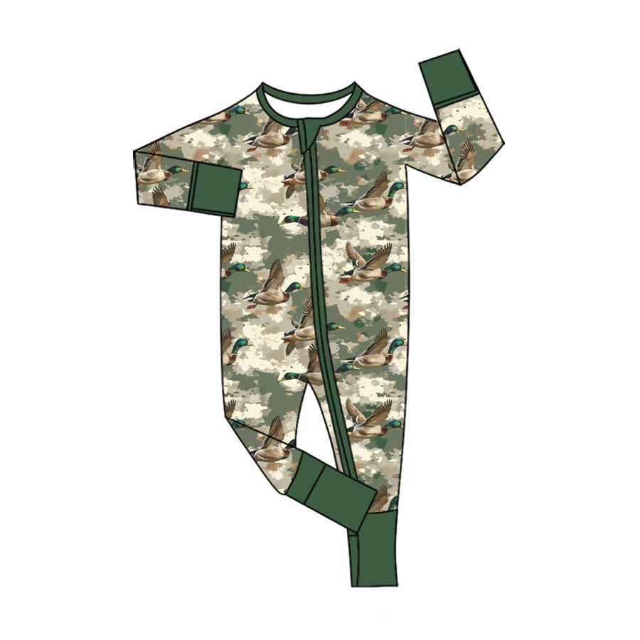 ( Moq 5 ) Preorder Baby Boys Kids Long Sleeves Ducks Zipper Footie Camo Romper Green Clothes