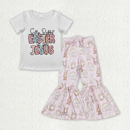 Baby Girl Short Sleeves Easter Jesus Shirt Rabbits Bell Pants Clothes Set