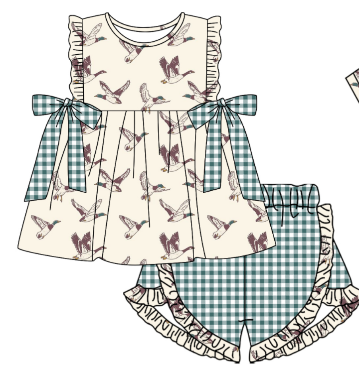 Baby Boy Girl Ducks Bows Sibling Matching Green Dress Romper Clothes Set ( Moq 5 Each style )