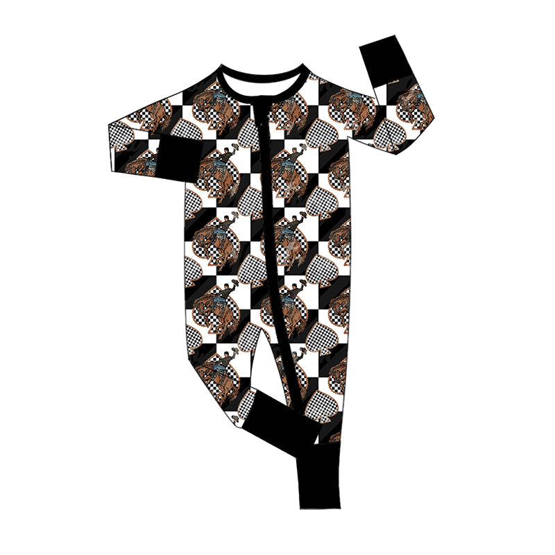 Baby Boy Long Sleeves Rodeo Hearts Checkered Zipper Romper