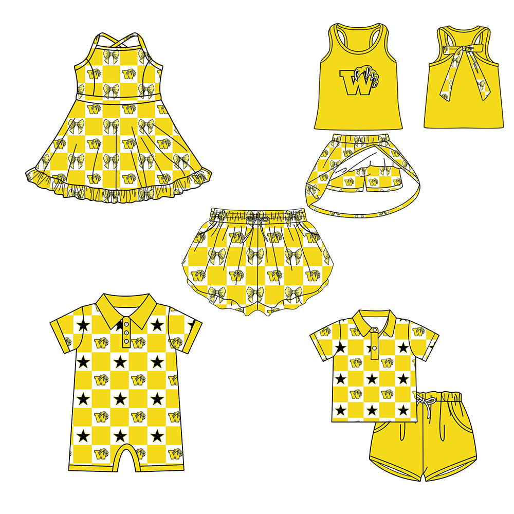 ( Moq 5 Each Style ) Baby Boys Girls Toddler Yellow Bows Team Sibling Shorts Dress Sets Clothing
