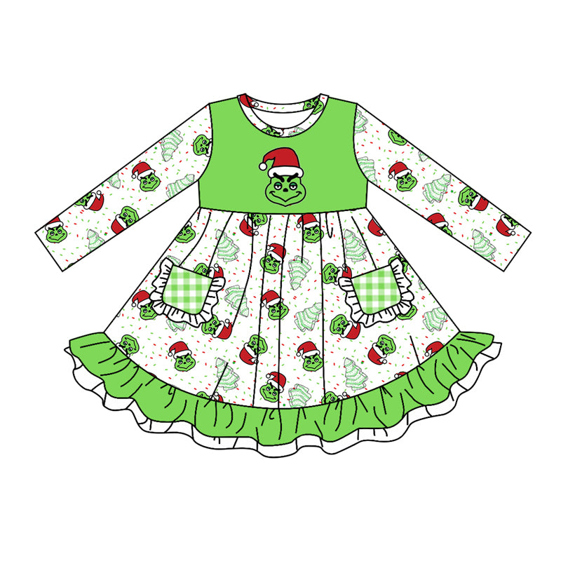 Baby Girl Long Sleeves Green Face Cakes Christmas Dress