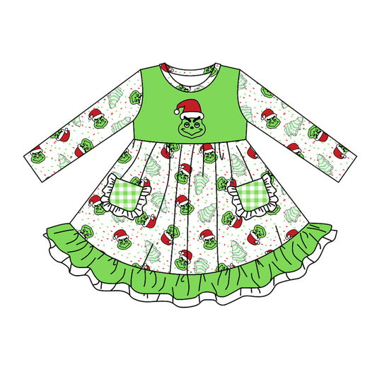 Baby Girl Long Sleeves Green Face Cakes Christmas Dress