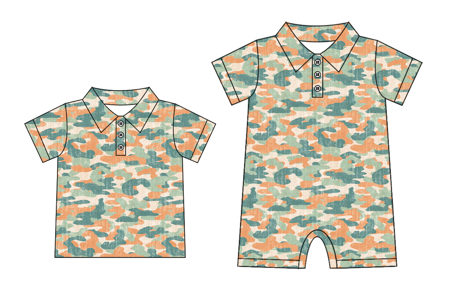 Baby Boy Short Sleeves Camo Buttons Sibling Romper Shirt ( Moq 5 Each Style ) 3.18