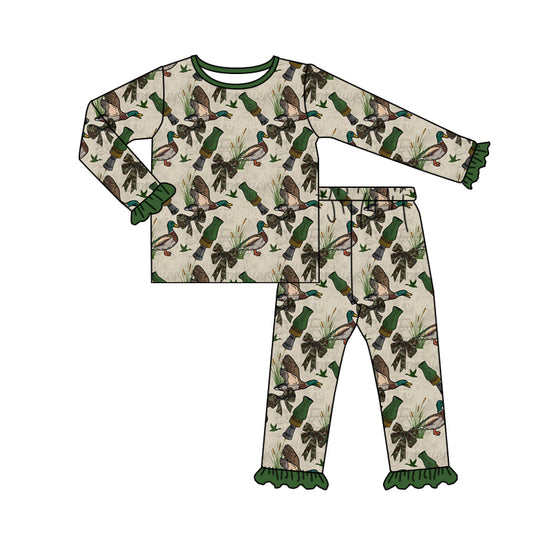 Baby Girl Long Sleeves Ducks Camo Bows Shirt Pants Hunting Pajamas Set