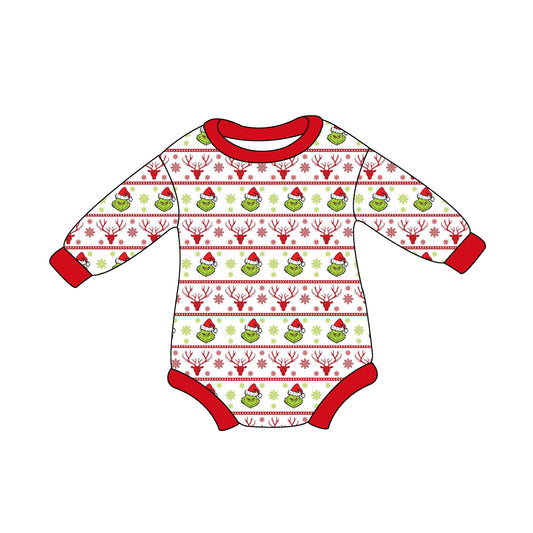 Baby Kids Long Sleeves Green Face Deer Christmas Romper