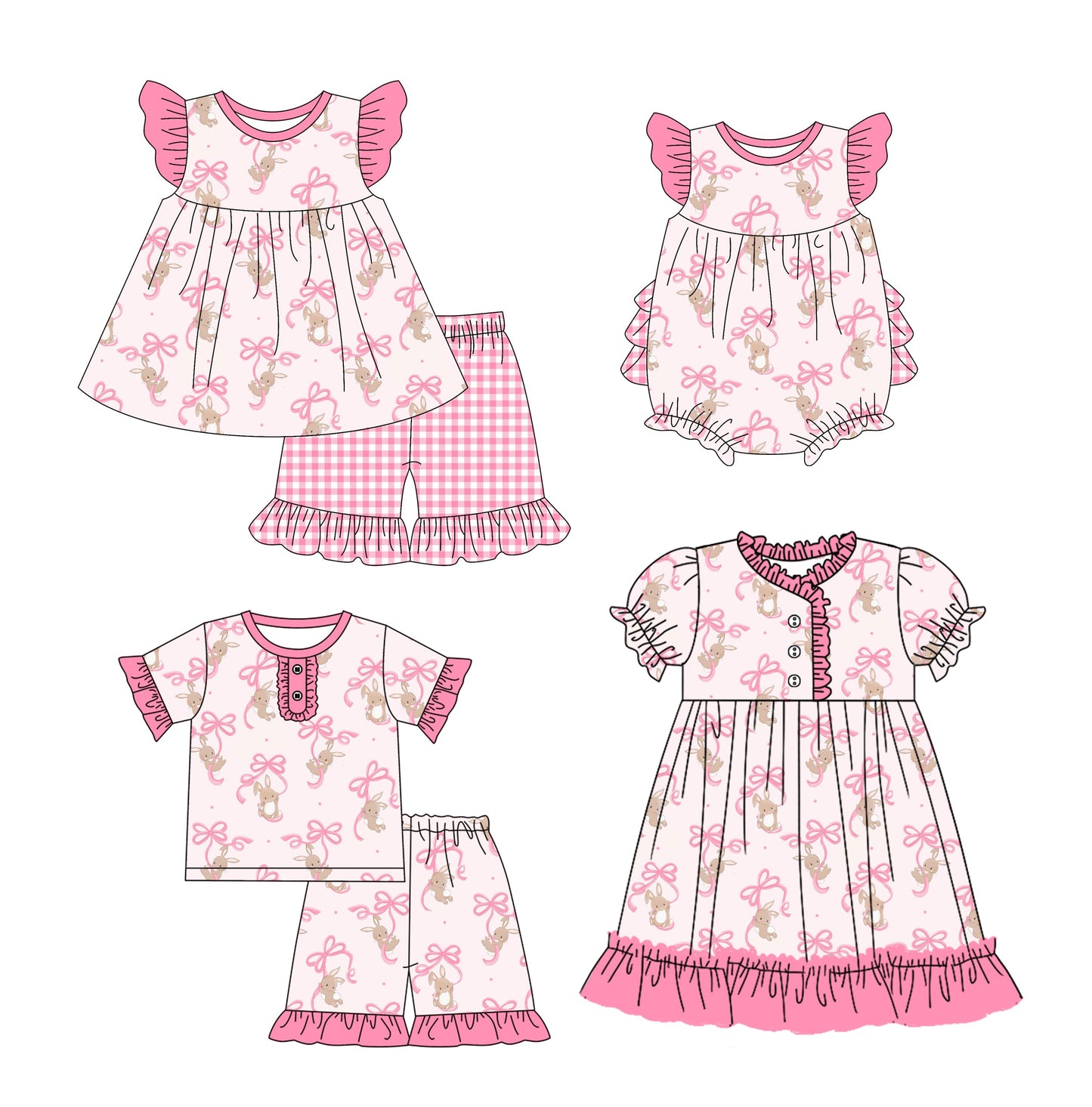 Baby Girl Short Sleeves Easter Rabbits Bows Sibling Romper Dress Set ( Moq 5 Each Design ) 12.10