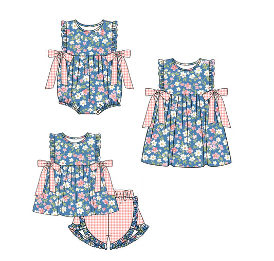 Baby Girl Floral Plaid Bows Sibling Matching Romper Dress Clothes Set ( Moq 5 Each Design )