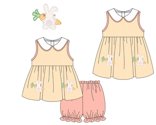 Baby Girl Easter Rabbits Carrots Sibling Sleeveless Dress Clothes Set ( Moq 5 Each Design )11.21