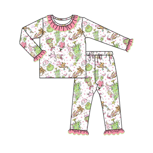 Baby Girl Long Sleeves Green Face Dogs Christmas Shirt Pants Pajamas Set