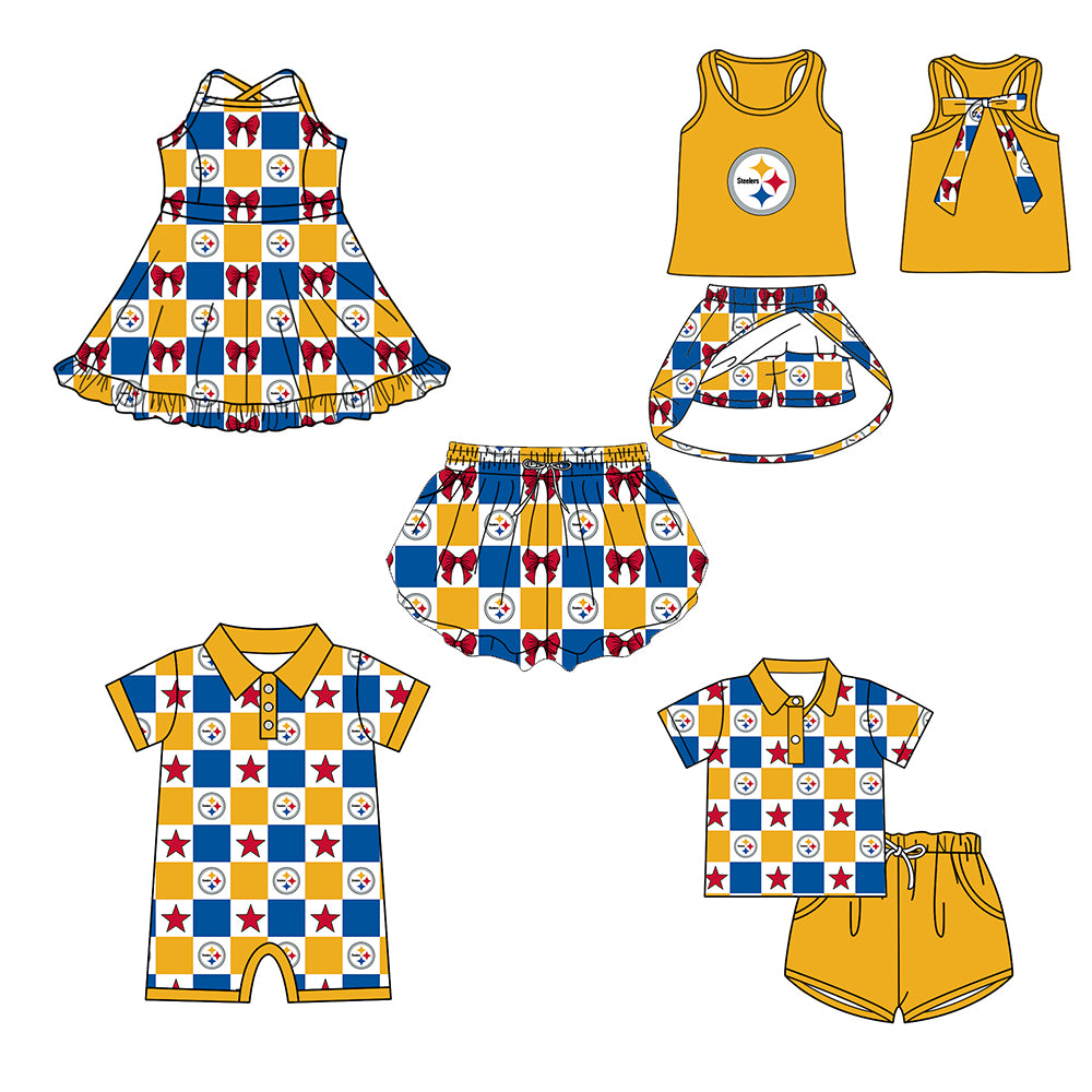 ( Moq 5 Each Style ) Baby Boys Girls Toddler Bows Team Sibling Blue Yellow Plaid Shorts Dress Sets Clothes