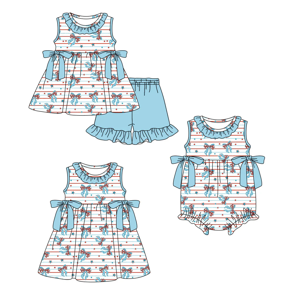 ( Moq 5 Each Style ) Baby Girls Kids Bows Stars Stripes Sibling 4th of July Romper Dress Set