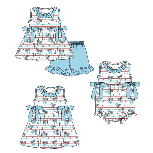 ( Moq 5 Each Style ) Baby Girls Kids Bows Stars Stripes Sibling 4th of July Romper Dress Set