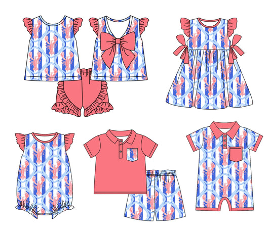 Baby Boy Girl Crawfish Stripes Sibling Romper Dress Set ( Moq 5 Each Style ) 12.25