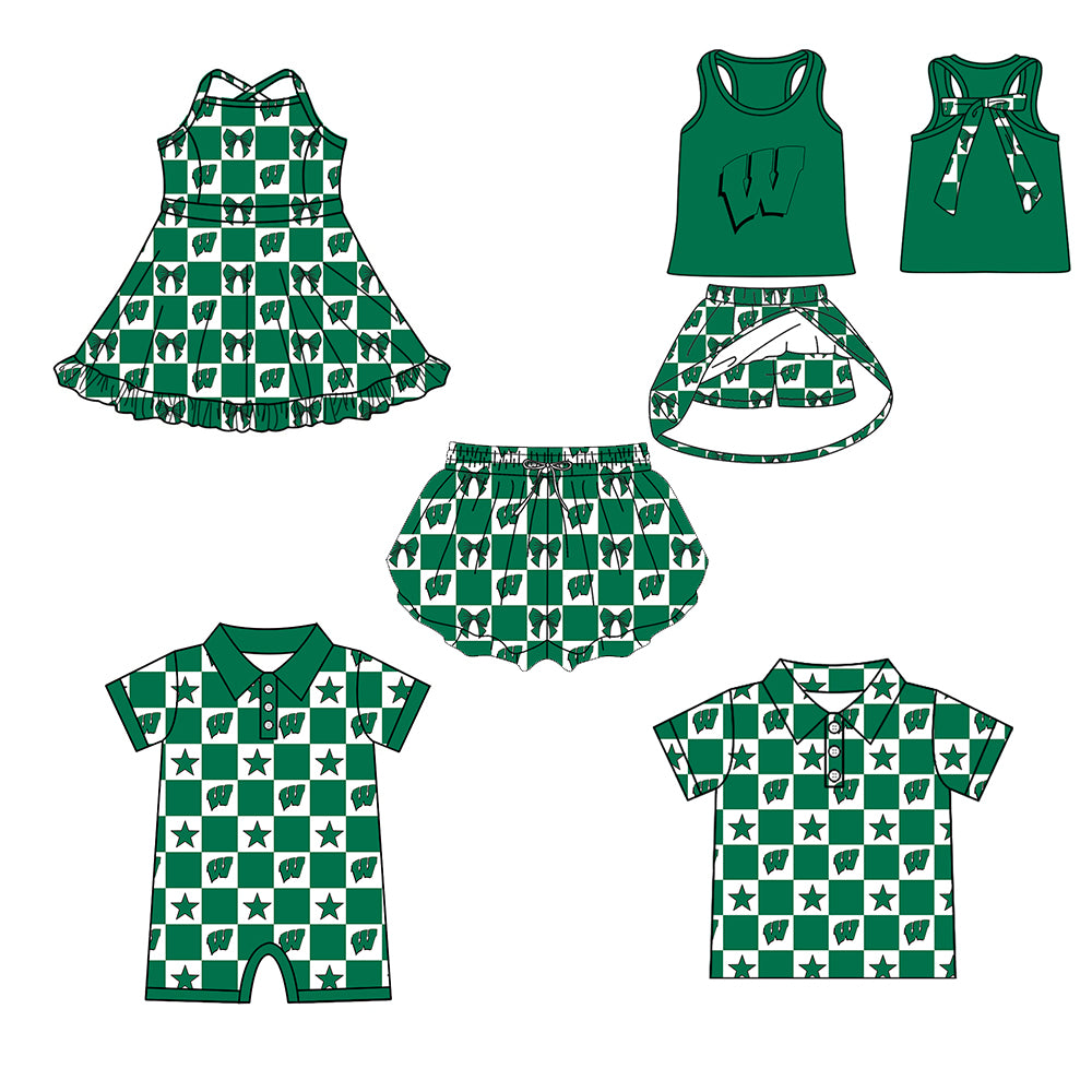 ( Moq 5 Each Style ) Baby Boys Girls Toddler Green Bows Team Sibling Shorts Dress Shirt Set Clothes