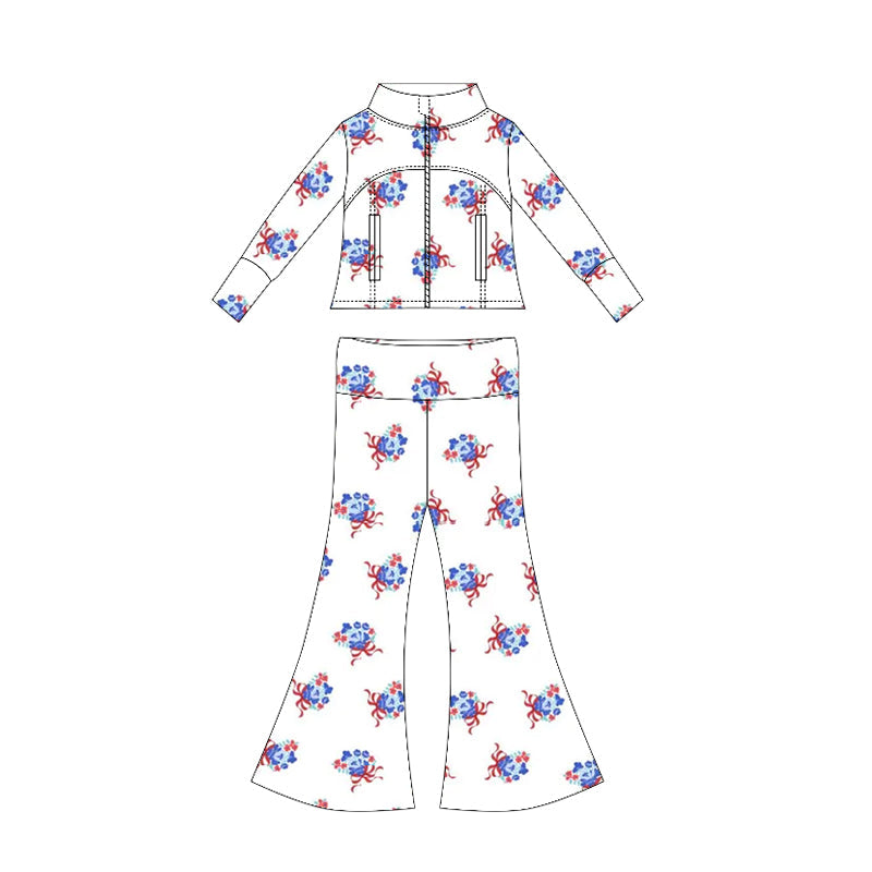 ( Moq 10 ) Baby Girl Long Sleeves Bows Flower Pockets Zipper Tops Bell Bottom Pants Set