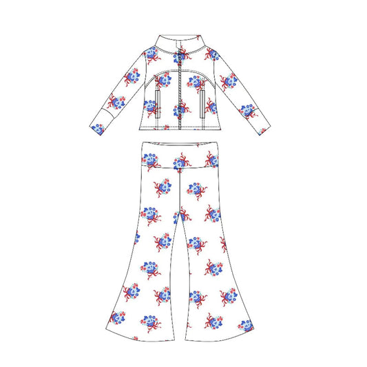 ( Moq 10 ) Baby Girl Long Sleeves Bows Flower Pockets Zipper Tops Bell Bottom Pants Set