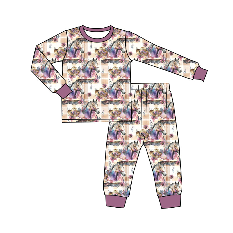 Baby Girl Toddler Long Sleeves Horse Flower Shirt Pants Pajamas Purple Set Moq 5