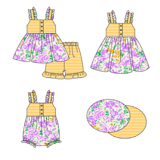 Baby Girl Purple Flower Stripes Sibling Romper Dress Set ( Moq 5 Each Style ) 1.16