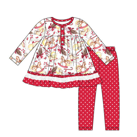 Baby Girl Long Sleeves Christmas Tunic Dots Red Pants Set