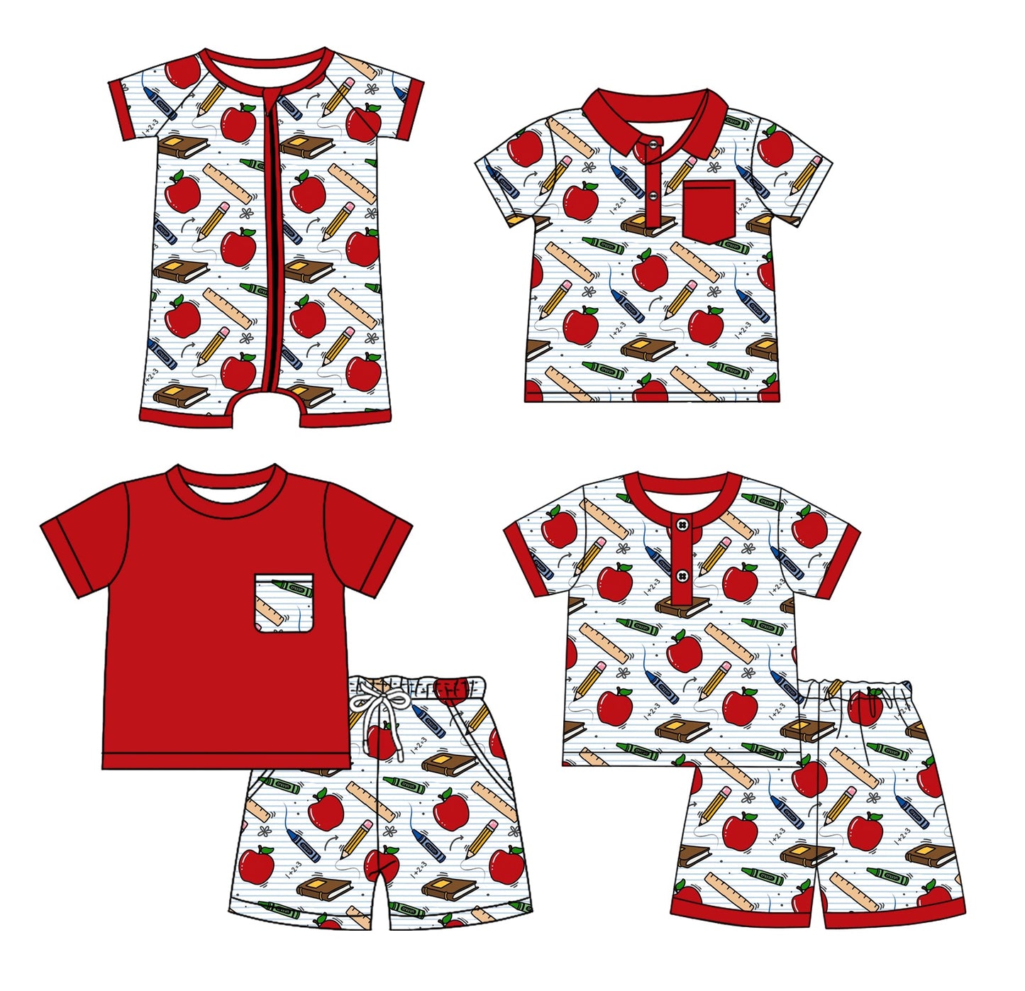Baby Boy Bach To School Apple Pencil Sibling Romper Shirt Set ( Moq 5 Each Style ) 2.19