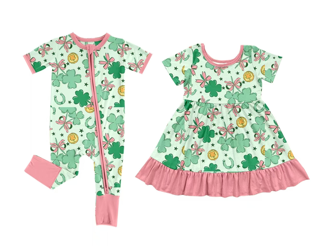 Baby Girl Short Sleeves St. Patrick Bows Sibling Romper Dress ( Moq 5 Each Design )12.5
