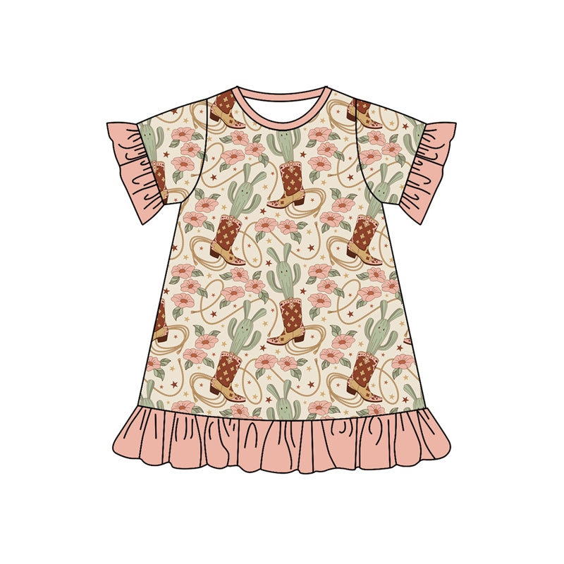 Baby Girl Toddler Short Sleeves  Boots Cactus Flower Knee Length Western Dress