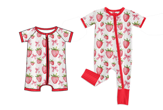 Baby Girl Short Sleeves Bows Strawberry Sibling Zipper Romper ( Moq 5 Each Style ) 1.25
