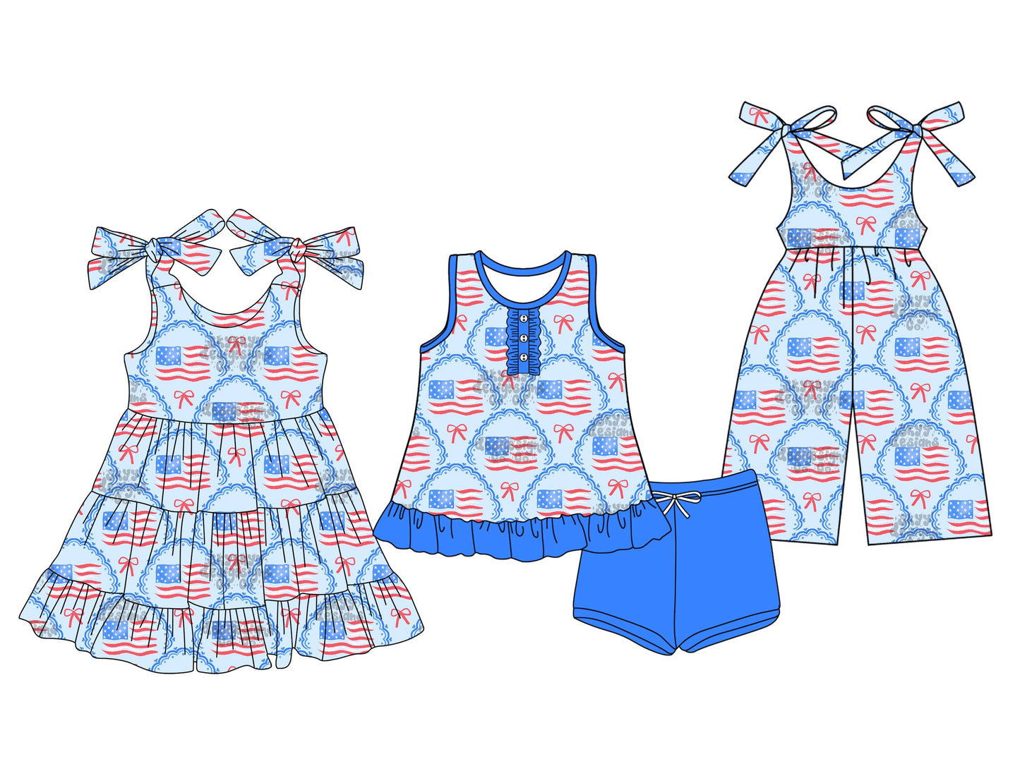 Baby Girl Straps July 4th Flags Bows Blue Sibling Jumpsuit Dress Set ( Moq 5 Each Style ) 3.15